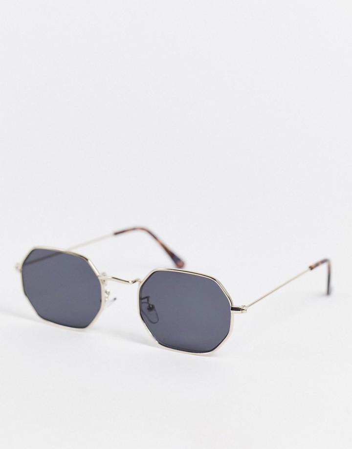 Asos Design 90's/retro Recycled Metal Angled Sunglasses In Gold With Smoke Lens