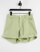 Monki Tallie Organic Cotton Denim Shorts In Khaki-green