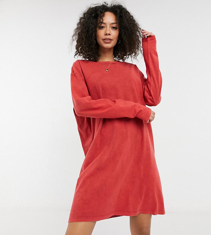 Asos Design Tall Oversized Long Sleeve T-shirt Dress In Burnt Orange Acid Wash