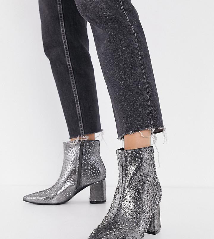 Simply Be Wide Fit Heeled Boots With Stud Detail In Metallic Gray-silver