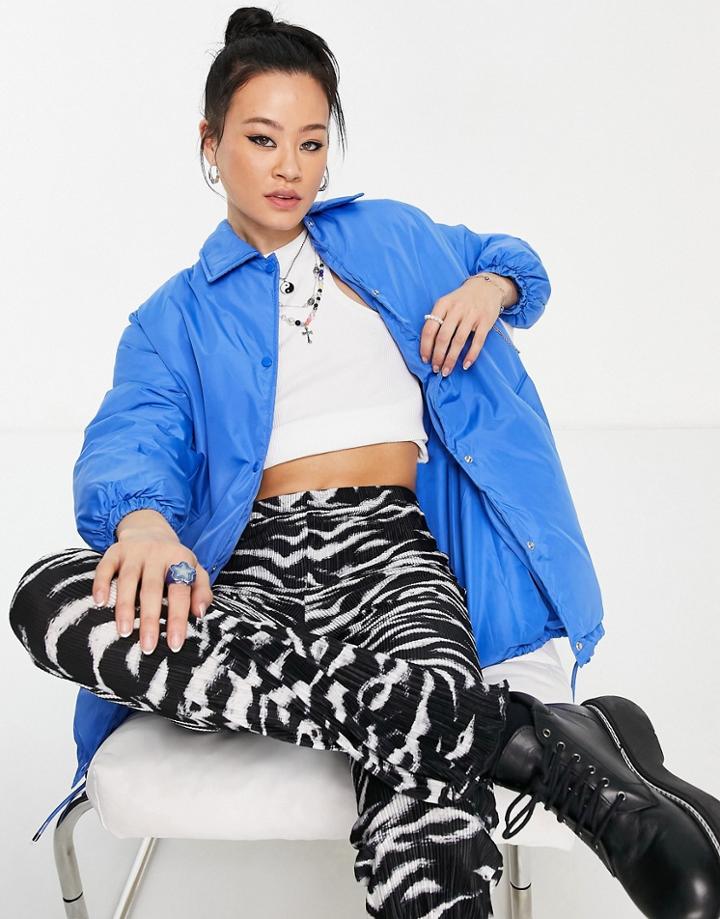 Bershka Padded Collar Oversized Coat In Cobalt-blue