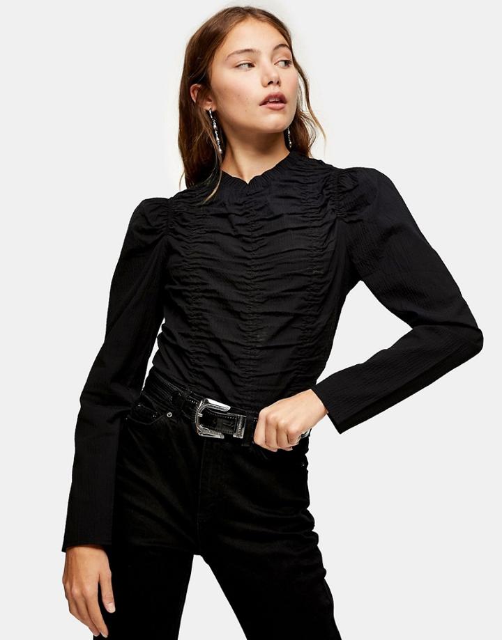 Topshop Tea Blouse With Ruched Detail In Black