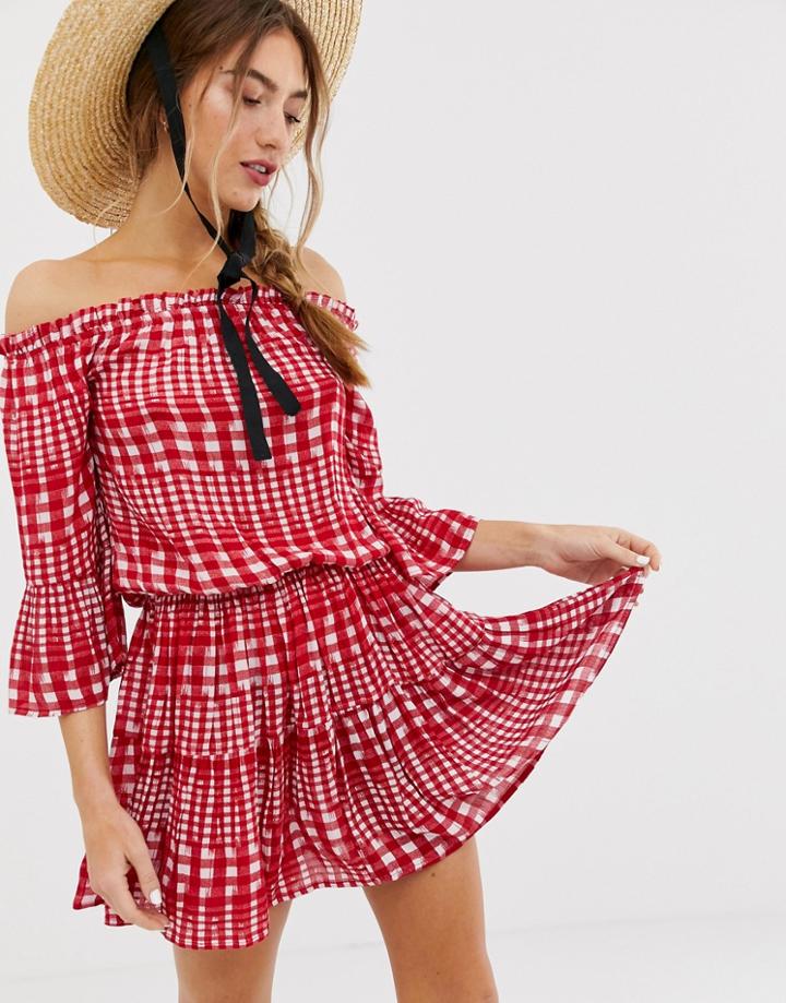 Asos Design Off Shoulder Tiered Mini Sundress In Gingham-multi