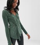 Asos Design Tall Long Sleeve Plisse Top With Drape Twist Front-green