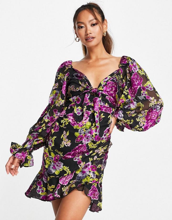 Asos Design Tie Front Mini Dress With Ruffle Skirt In Floral Satin Burnout-multi