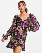 Asos Design Tie Front Mini Dress With Ruffle Skirt In Floral Satin Burnout-multi