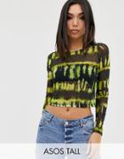 Asos Design Long Sleeve Mesh Top In Green Neon Tie Dye - Black