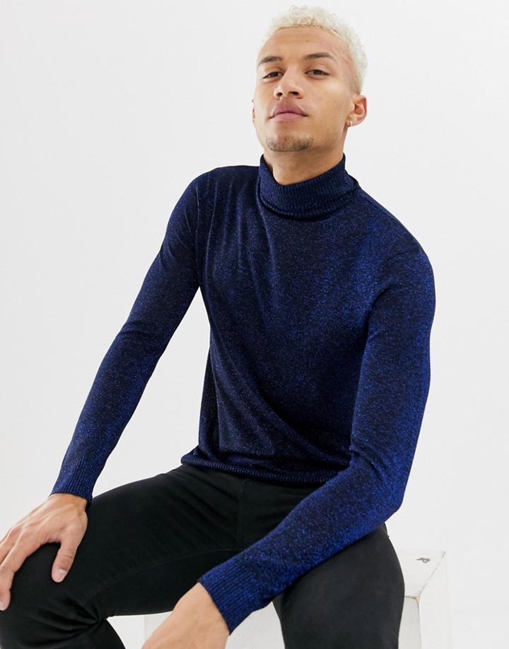 Night Addict Metallic Roll Neck Sweater In Navy - Navy