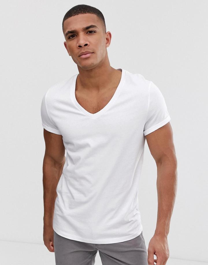 Asos Design T-shirt With Deep V Neck And Roll Sleeve In White