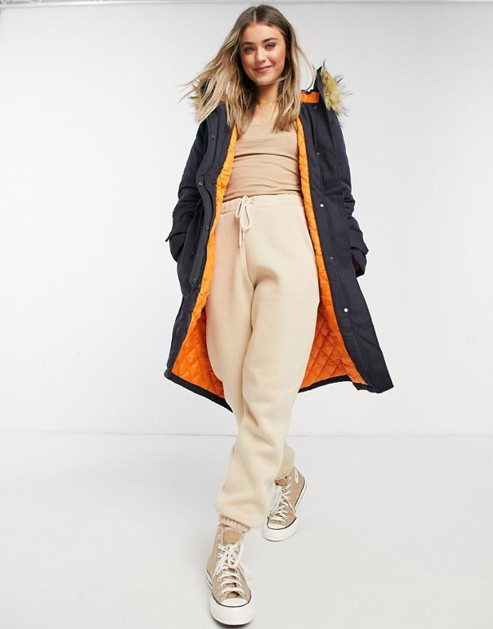French Connection Faux Fur Hood Parka In Blue-blues