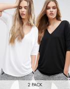 Asos Oversized T-shirt With V Neck And Dip Back In Rib 2 Pack - Multi