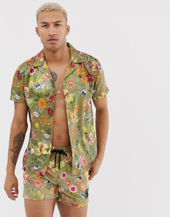 Siksilk Two-piece Short Sleeve Shirt In Green Floral Print - Green