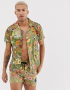 Siksilk Two-piece Short Sleeve Shirt In Green Floral Print - Green