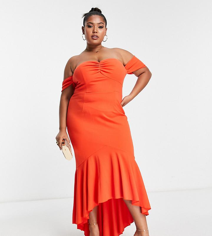 Little Mistress Plus Bandeau Fishtail Maxi Prom Dress In Red-pink