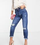 River Island Petite Ripped Knee Mom Jeans In Dark Blue-blues