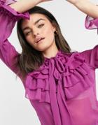 River Island Frill Pussybow Blouse In Purple
