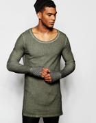 Asos Waffle Longline Long Sleeve T-shirt With Oil Wash And Thumbholes - Green