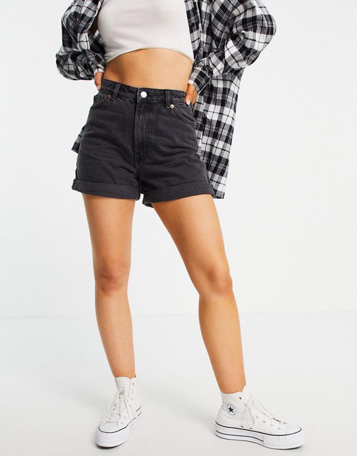 Monki Tallie Organic Cotton Turn Up Denim Shorts In Black-blues