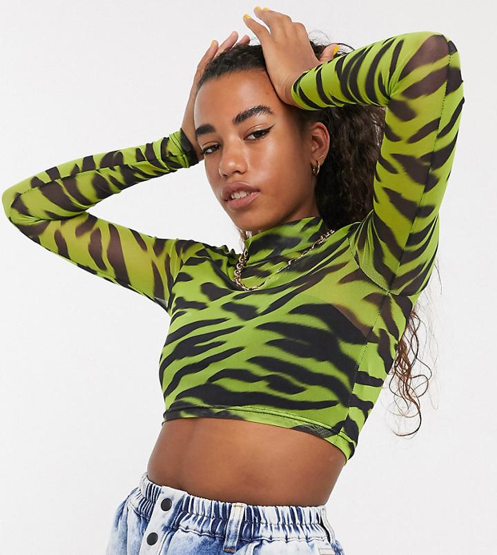 Collusion Blurred Zebra Mesh Long Sleeve Crop Top