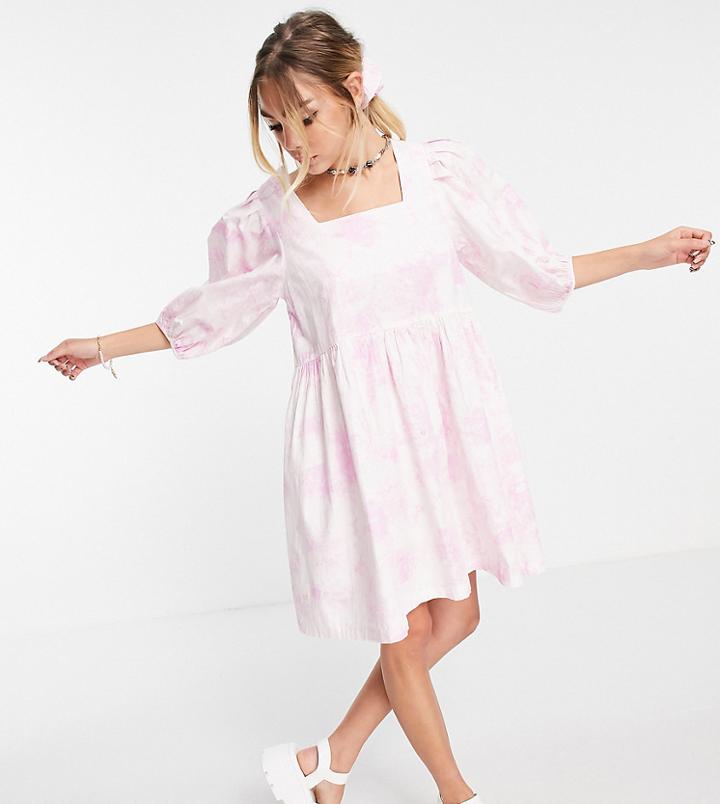 Collusion Tie Dye Cotton Mini Smock Dress In White And Purple-multi