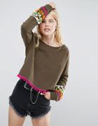 Asos Off Shoulder Cropped Pom Pom Sweatshirt - Green
