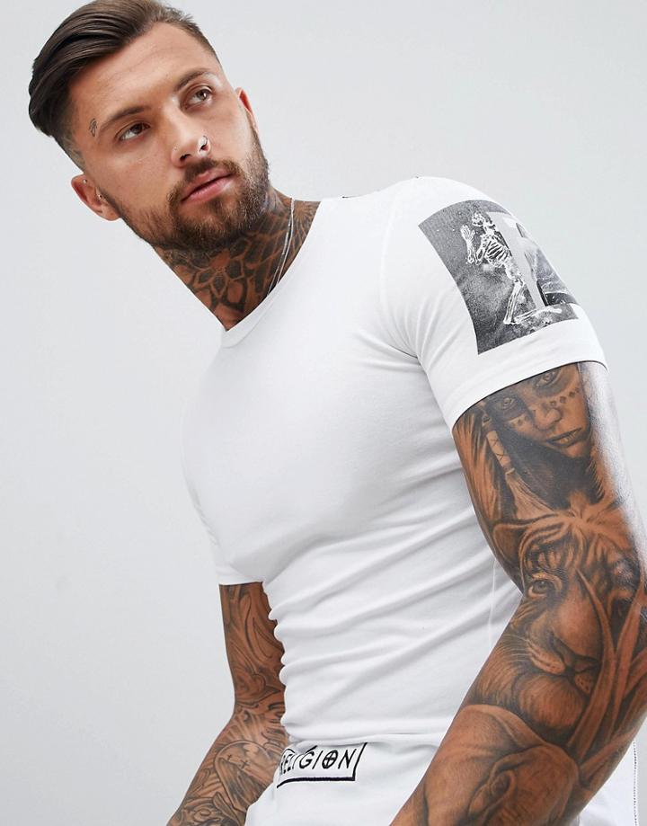 Religion Muscle Fit T-shirt In White With Sleeve Print - White