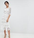 True Decadence Tall Premium All Over Cutwork Lace Contrast Midi Dress With Frill Sleeve Detail - White