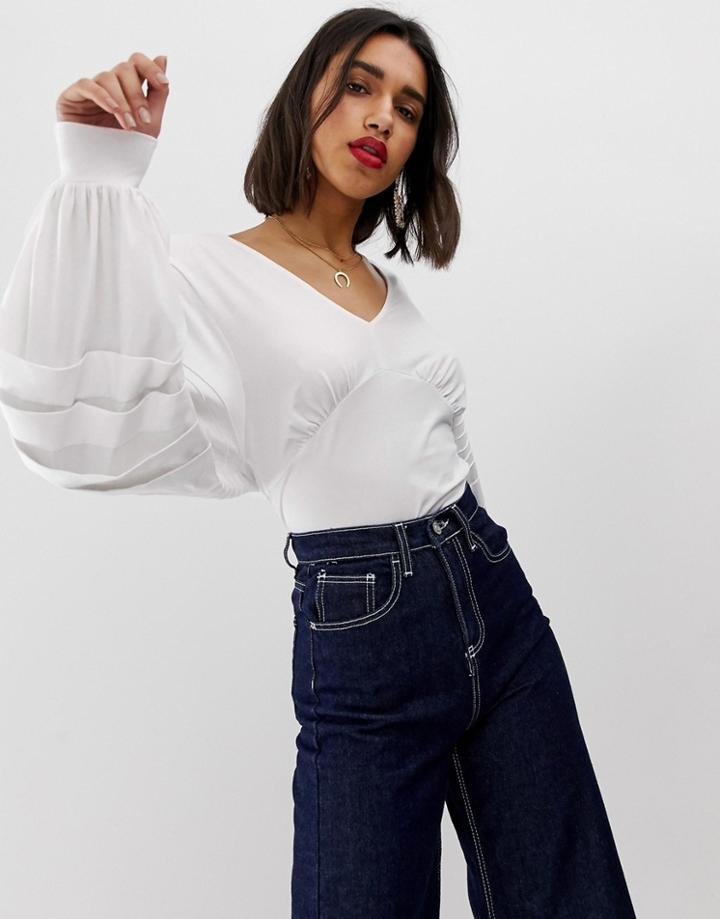 Lost Ink Top With Balloon Sleeves And Fitted Bodice - White