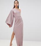 Asos Design Tall Metallic Plisse One Shoulder Maxi Dress-pink