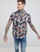 Siksilk Short Sleeve Resort Shirt In Navy With Palm Print - Navy