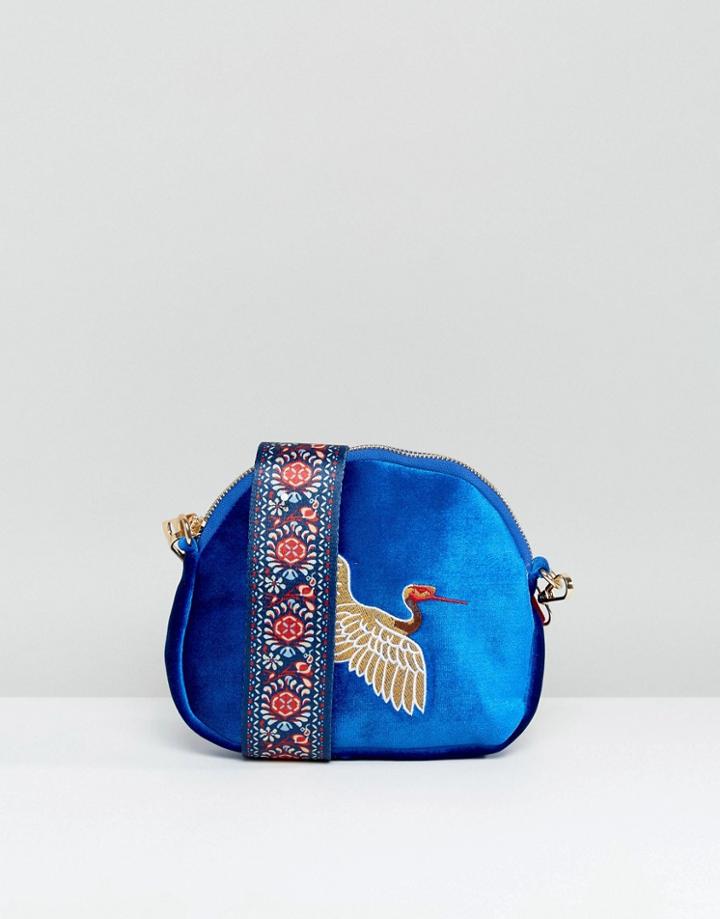 Yoki Crescent Shaped Embroidered Bird Crossbody Bag - Navy