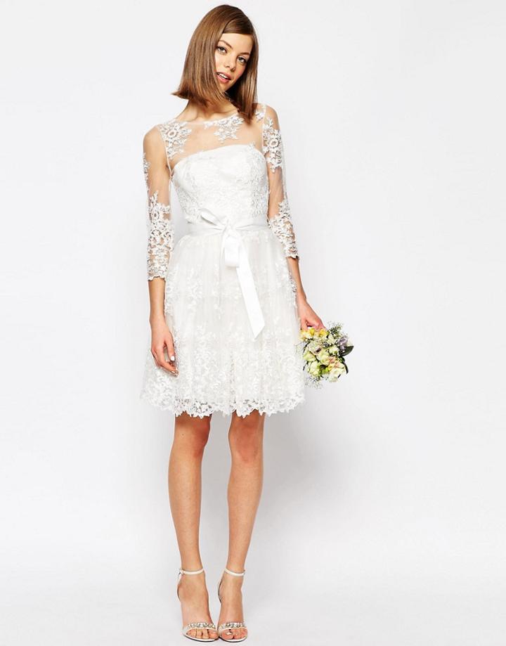 Asos Bridal Long Sleeve Lace Mini Dress - White