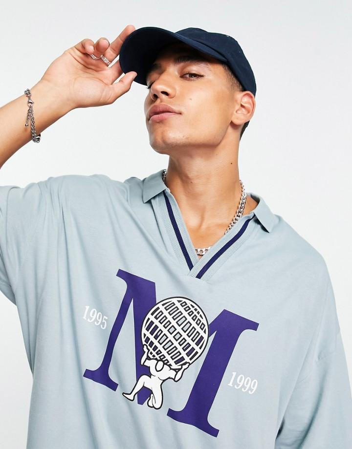 Asos Design Oversized Revere Polo T-shirt In Blue Pique With Front Print-green
