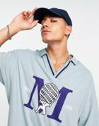 Asos Design Oversized Revere Polo T-shirt In Blue Pique With Front Print-green