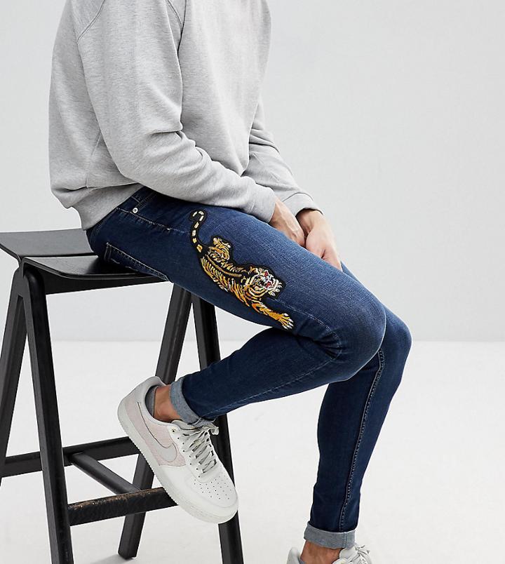 Brooklyn Supply Co Muscle Fit Jeans Deep Indigo With Tiger Embroidery - Blue