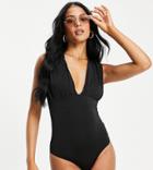 Asos Design Tall Recycled Gathered Plunge Swimsuit In Black