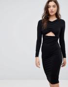 Asos Crepe Wrap Front Peekaboo Midi Bodycon Dress - Black
