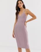 The Girlcode Bandage V Neck Plunge Dress With Contour Lines Midi Dress In Lilac - Purple