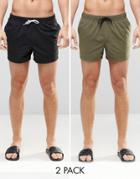 Asos Short Length Swim Shorts In Khaki/black 2 Pack Save 17%