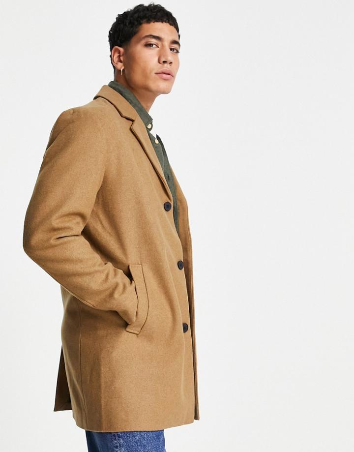 Jack & Jones Originals Wool Mix Overcoat In Tan-brown
