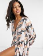 Asos Design Oversized Wrap Front Smock Midi Dress In Multi Floral Print-white