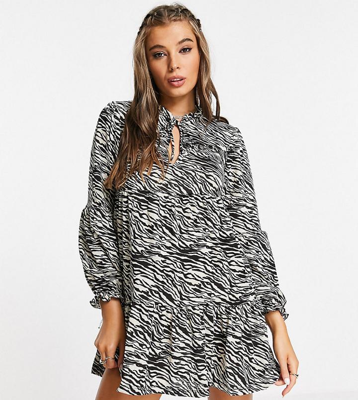 Stradivarius Long Sleeve Smock Dress With Tie Neck In Animal Print-multi