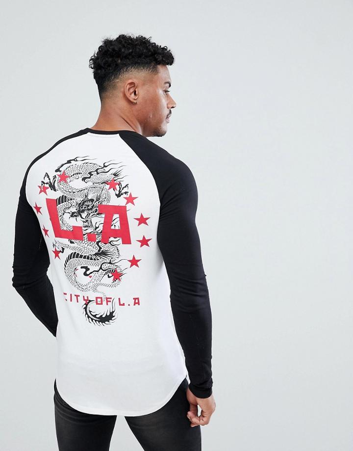 Asos Design Muscle Longline Long Sleeve Raglan With Dragon Print And Curve Hem - White