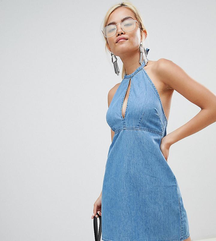 Asos Design Petite Denim Halter Neck Mini Dress In Midwash Blue - Blue