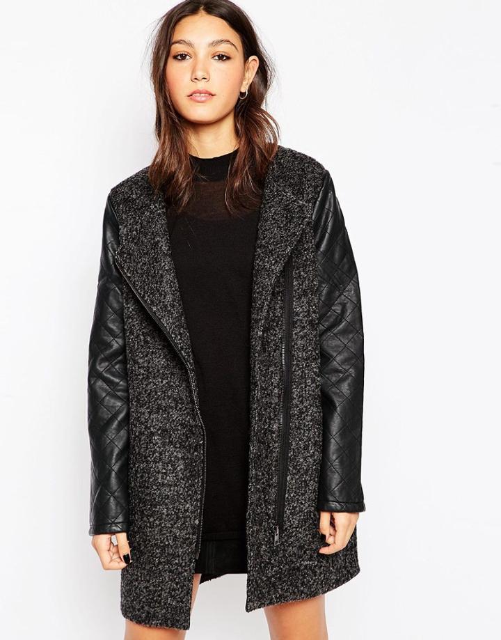 Minimum Coat With Pu Sleeves & Asymetric Zip - 987 Charcoal