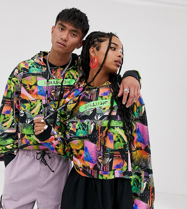 Collusion Unisex Cropped Hoodie In All Over Print - Black