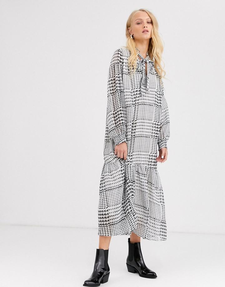 Only Check Smock Maxi Dress With Tie Neck Detail