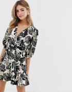 Asos Design Wrap Mini Dress In Mono Tropical Print - Multi