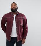 Asos Design Plus Washed Overshirt Shirt With Contrast Stitching In Burgundy - Red