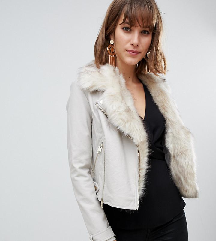 River Island Faux Fur Trim Leather Jacket In Cream - Cream